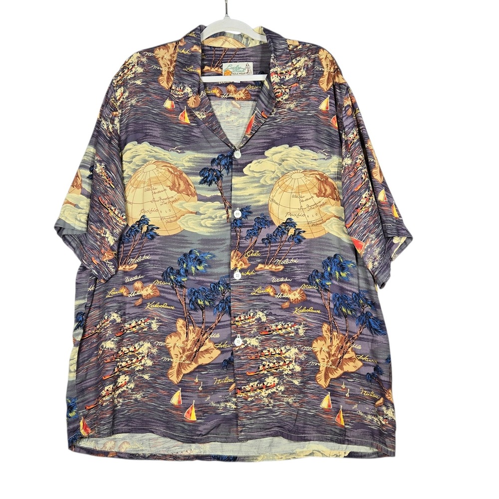 Vintage Lucky Brand Paradise Found Hawaiian Shirt Mens XL Blue Rayon Hula Wear